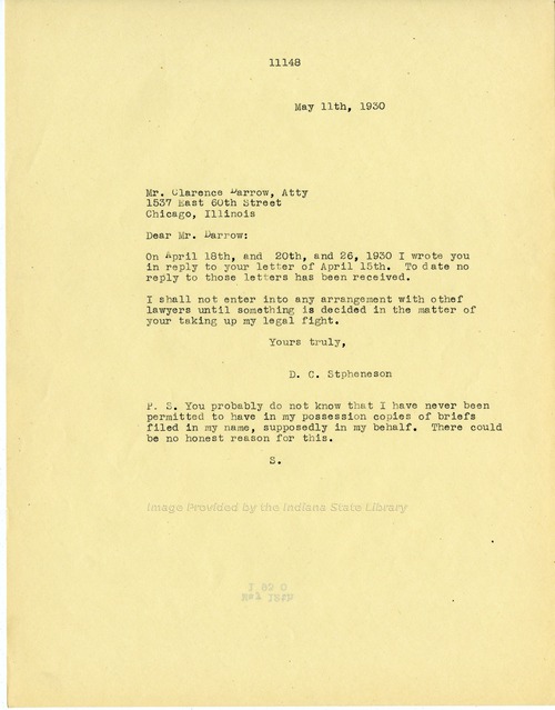 D. C. Stephenson to Clarence Darrow, May 11, 1930