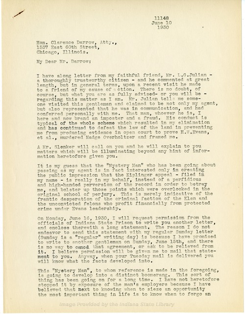 D. C. Stephenson to Clarence Darrow, June 10, 1930, page one