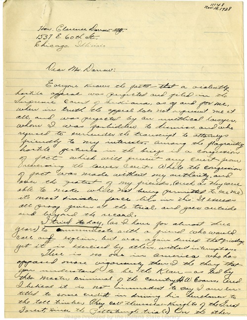 D. C. Stephenson to Clarence Darrow, November 13, 1928, page one