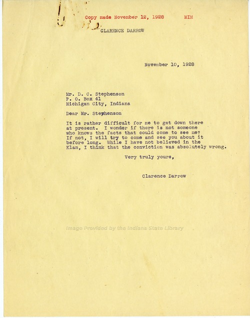 Clarence Darrow to D. C. Stephenson, November 10, 1928