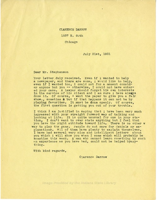 Clarence Darrow to D. C. Stephenson, July 21, 1931