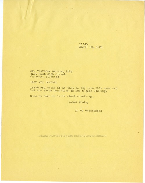 D. C. Stephenson to Clarence Darrow, April 19, 1931