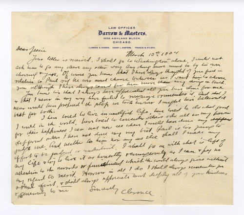 Clarence Darrow to Jessie Ohl Darrow, March 10, 1904