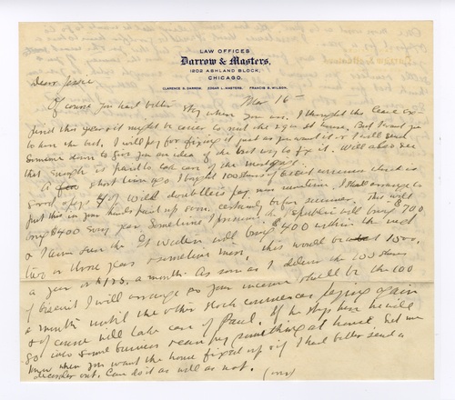 Clarence Darrow to Jessie Ohl Darrow, March 16, 1904 page one