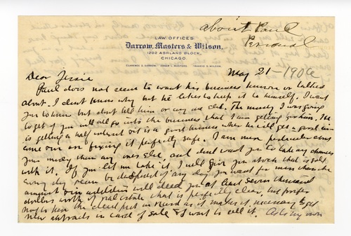 Clarence Darrow to Jessie Ohl Darrow, May 21, 1906 page one