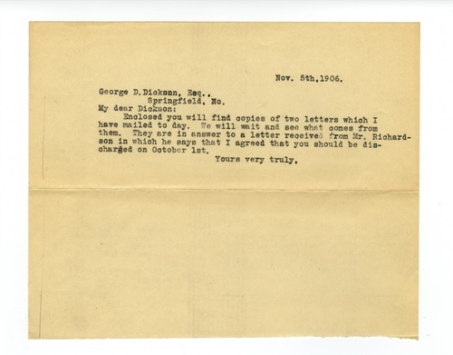 Clarence Darrow to George D. Dickson, November 5, 1906