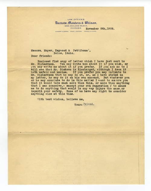 Clarence Darrow to Moyer, Haywood & Pettibone, November 5, 1906