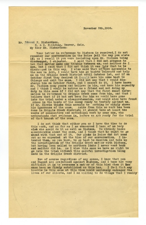 Clarence Darrow to Richardson, Edmond F., November 5, 1906 page one