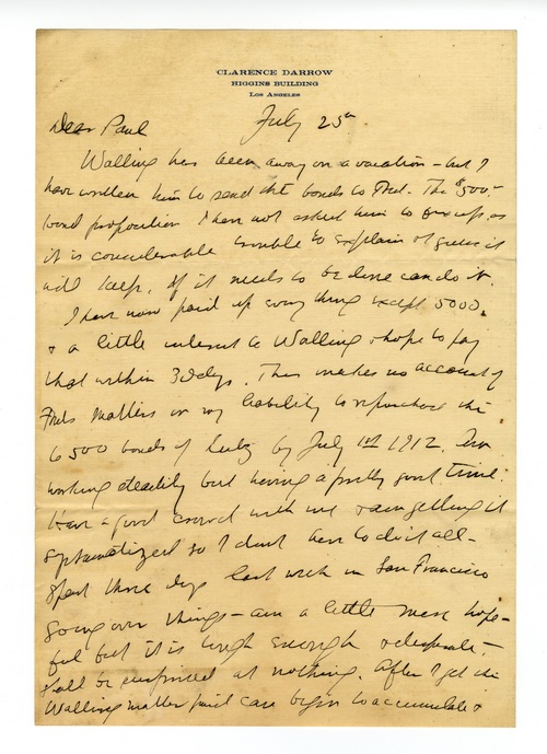 Clarence Darrow to Paul Darrow, July 25, 1911, 1911 page one