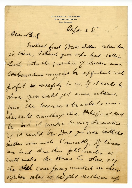 Clarence Darrow to Paul Darrow, September 28, 1911, page one