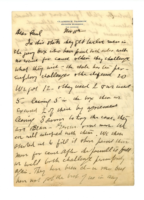 Clarence Darrow to Paul Darrow, November 11, 1911, page one