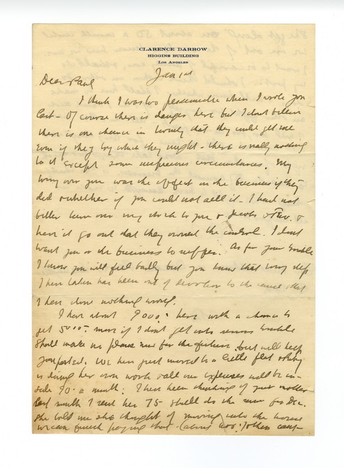 Clarence Darrow to Paul Darrow, January 1, 1912, page one