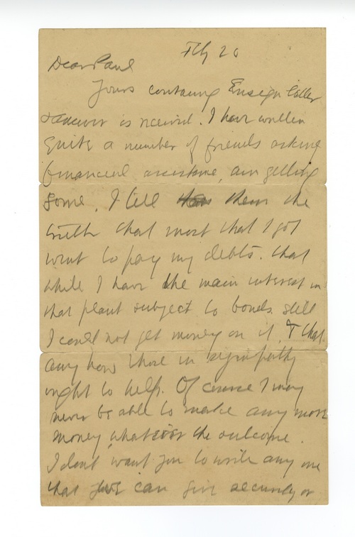 Clarence Darrow to Paul Darrow, February 20, 1912, page one