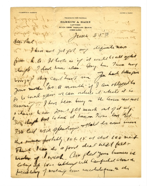 Clarence Darrow to Paul Darrow, June 25, 1913, page one