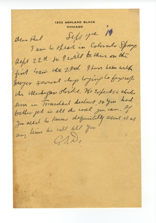 Clarence Darrow to Paul Darrow, September 7, 1913, page one