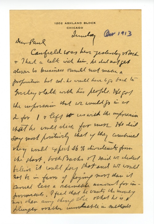 Clarence Darrow to Paul Darrow, October 12, 1913, page one