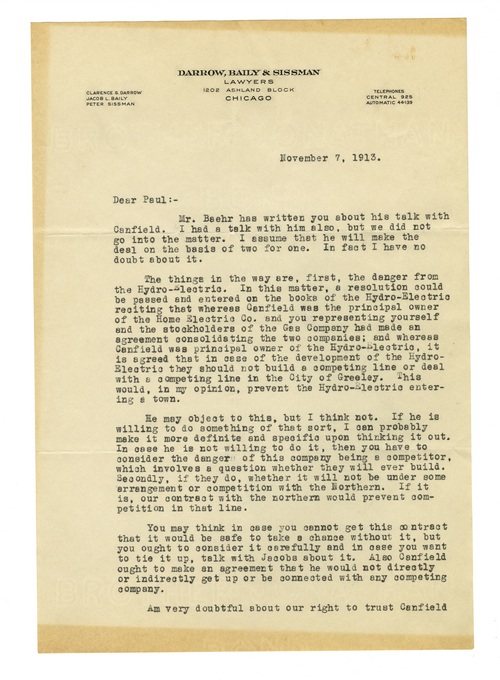 Clarence Darrow to Paul Darrow, November 7, 1913, page one