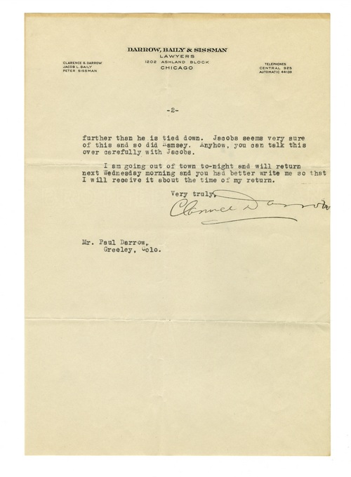 Clarence Darrow to Paul Darrow, November 7, 1913, page two