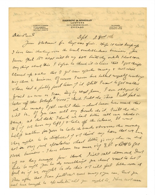 Clarence Darrow to Paul Darrow, September 23, 1916, page one