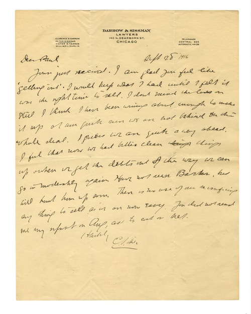 Clarence Darrow to Paul Darrow, September 28, 1916
