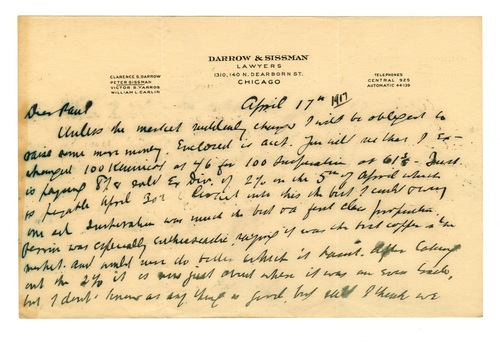 Clarence Darrow to Paul Darrow, April 17, 1917, page one