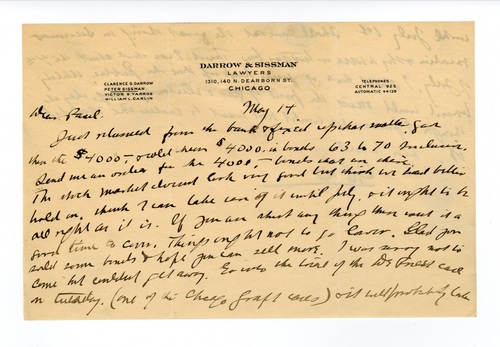 Clarence Darrow to Paul Darrow, May 14, 1917, page one