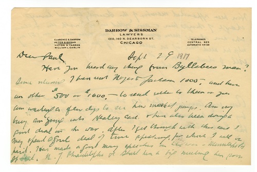 Clarence Darrow to Paul Darrow, September 29, 1917, page one