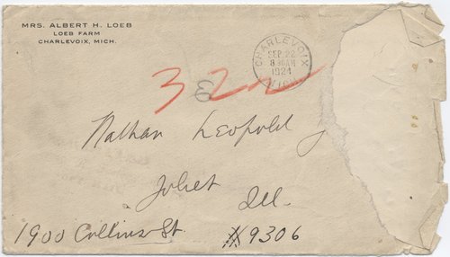 Clarence Darrow to Nathan Leopold, September 22, 1924, envelope, front, addresses
