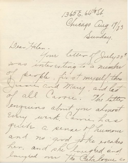 Jennie Darrow Moore to Helen Kelchner Darrow, August 19, 1923, page one