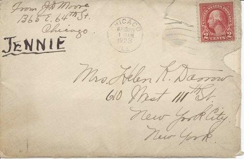 Jennie Darrow Moore to Helen Kelchner Darrow, August 19, 1923, envelope