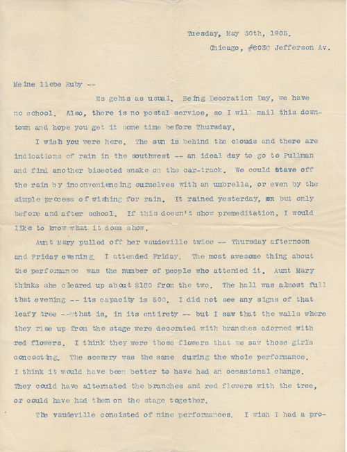Karl K. Darrow to Ruby J. Splitstone, May 30, 1905, page one