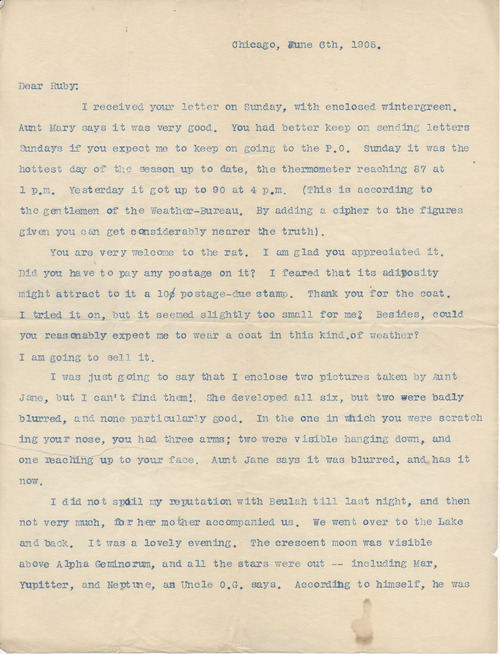 Karl K. Darrow to Ruby J. Splitstone, June 6, 1905, page one