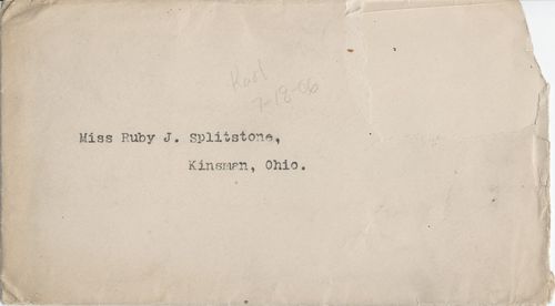 Karl K. Darrow to Ruby J. Splitstone, July 18, 1906, envelope front