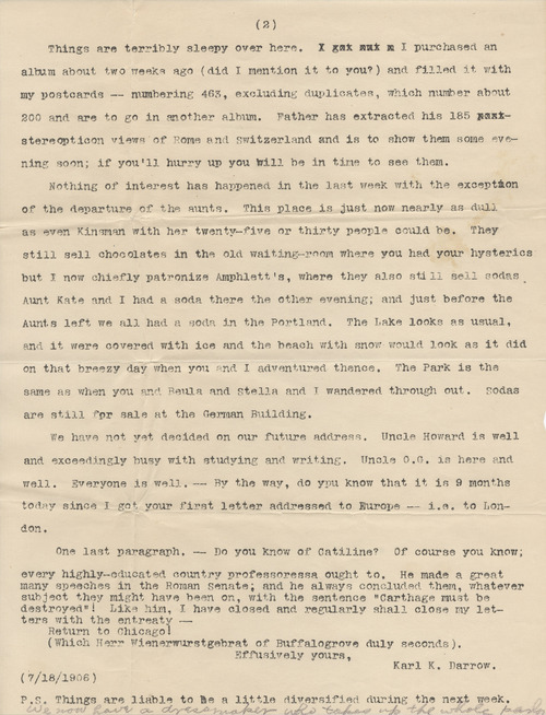 Karl K. Darrow to Ruby J. Splitstone, July 18, 1906, page two