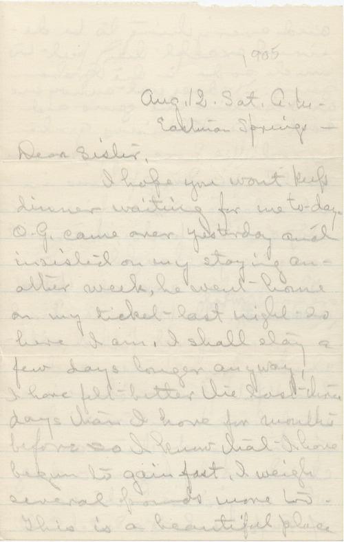 Mary Elizabeth Darrow to Jennie Darrow Moore, August 12, 1905, page one