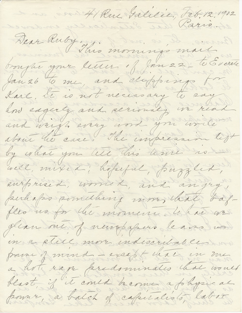 Helen Kelchner Darrow to Ruby Darrow, February 12, 1912, page one