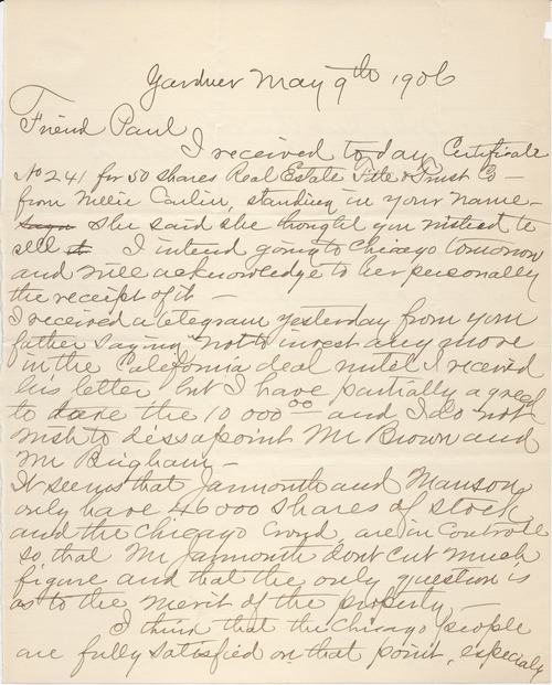 Jacob C. Lutz to Paul Darrow, May 9, 1906, page one