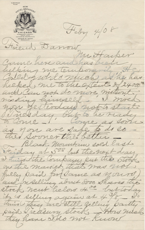 Jacob C. Lutz to Clarence Darrow, February 4, 1908, page one