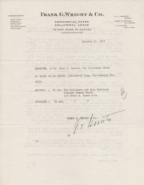 Paul Darrow to Irving Stone, February 22, 1940, reverse of page one  