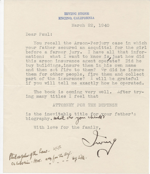 Irving Stone to Paul Darrow, March 22, 1940
