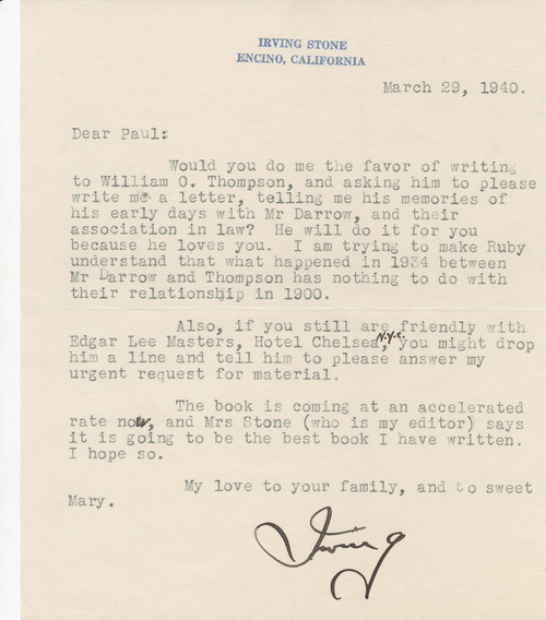 Irving Stone to Paul Darrow, March 29, 1940