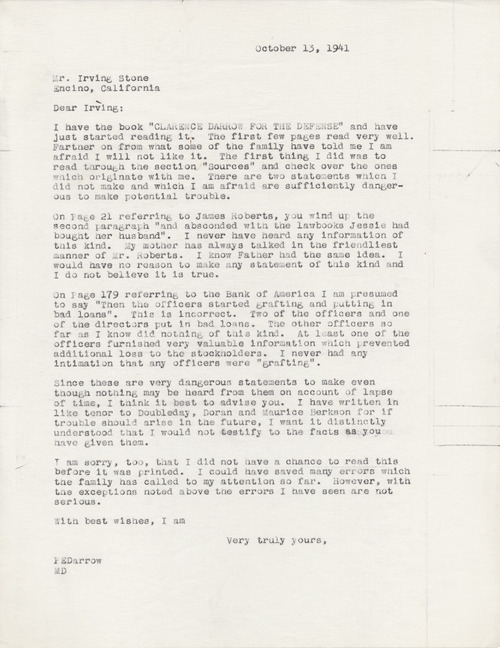 Paul Darrow to Irving Stone, October 13, 1941