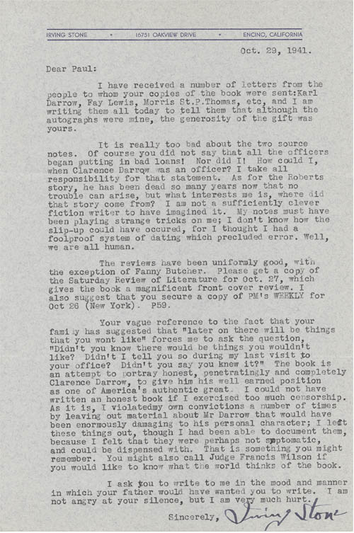 Irving Stone to Paul Darrow, October 29, 1941