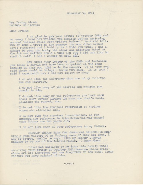 Paul Darrow to Irving Stone, November 7, 1941, page one