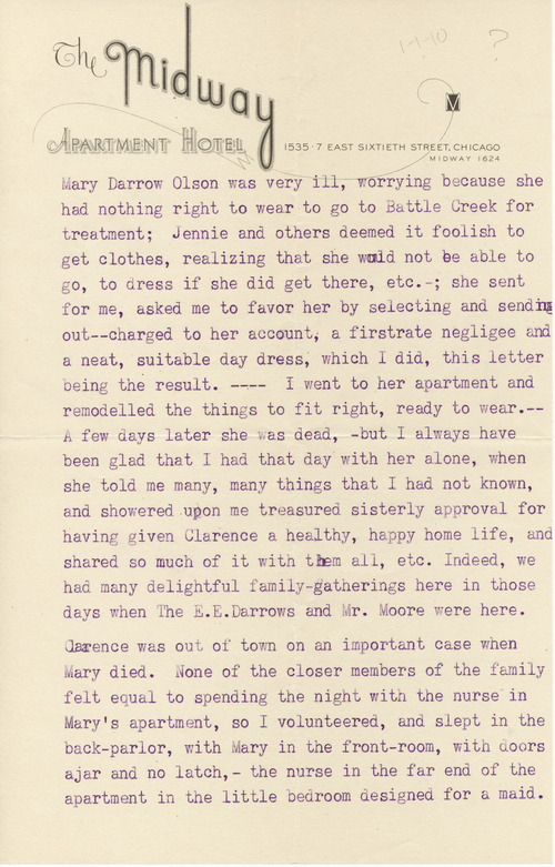 Unknown to Ruby Darrow, In re: Mary Darrow Olson, ????-??-1909, page one