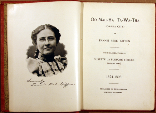 Title pages of Oo-mah-ha Ta-wo-tha. Left page has illustrated, signed portrait.