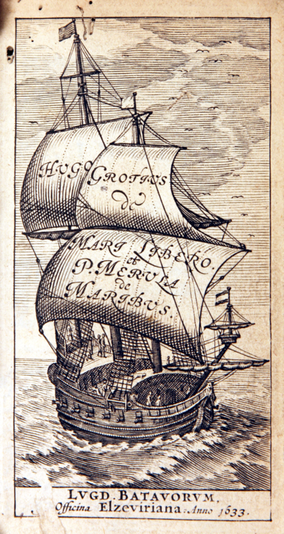 line drawing of boat - sails etched with 'Hugo Grotius' - dated 1633